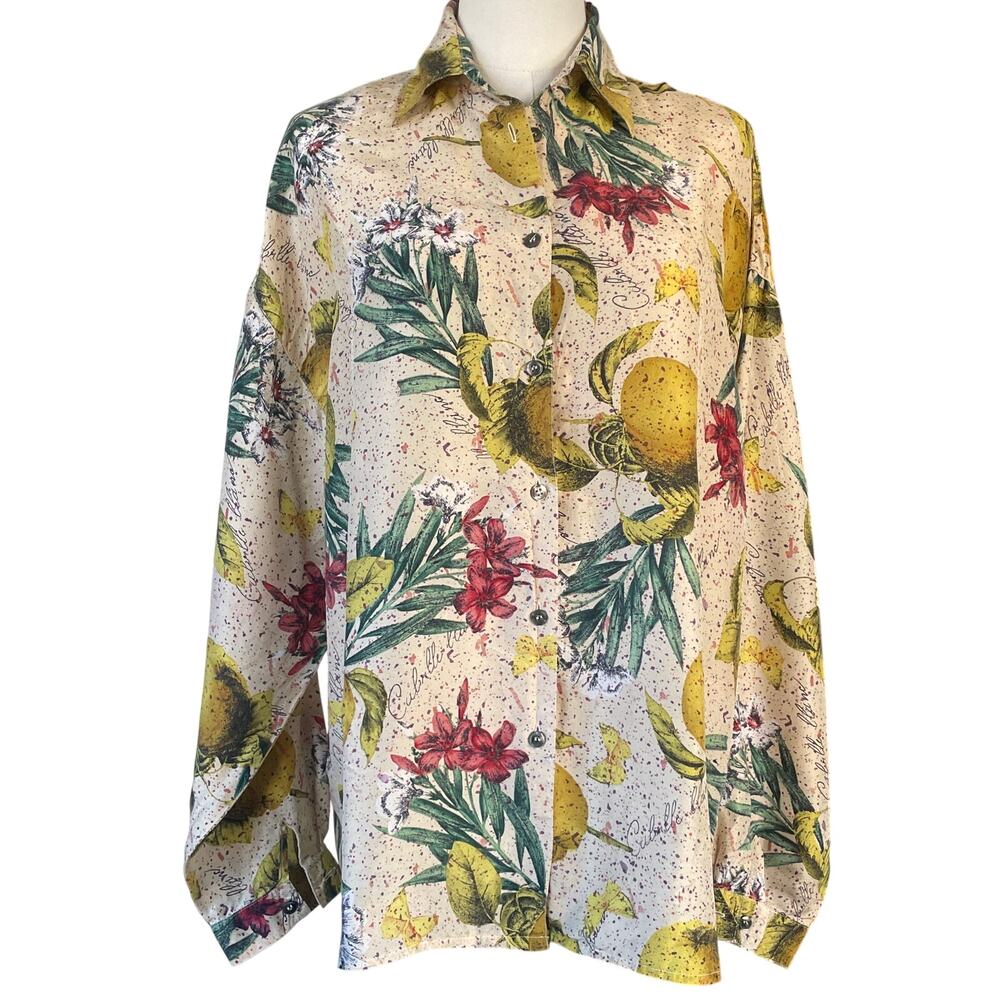 Vintage Express Silk Blouse Button Up Fruity 90s Y2K Maximalist Size Medium